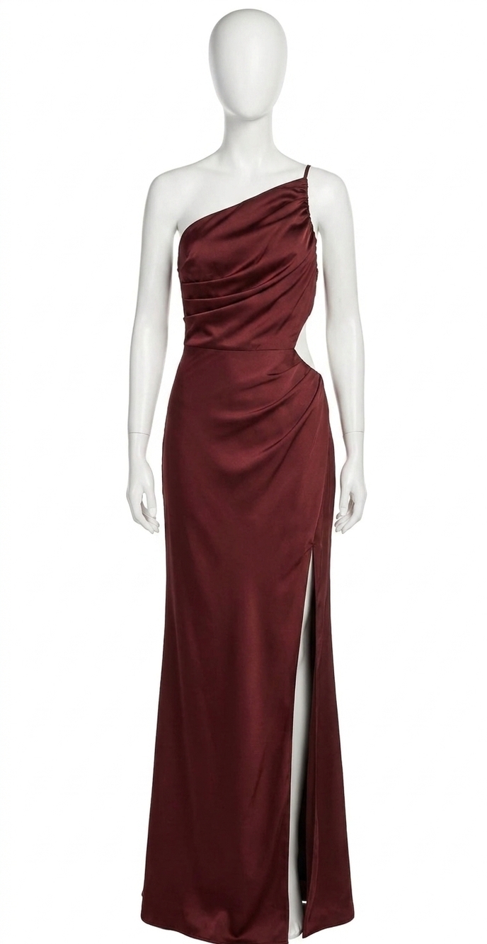 NEW DRESS FORUM dull satin one shoulder ruched maxi dress in red
